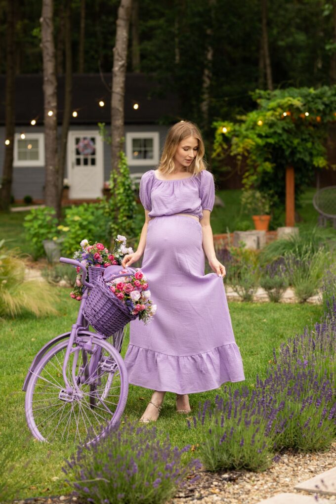 Komplet muślinowy Margaret spódnica maxi plus bluzka hiszpanka lawenda